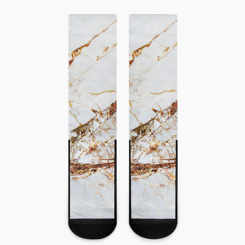 White Gold Grunge Marble Print Crew Socks