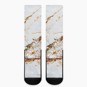 White Gold Grunge Marble Print Crew Socks