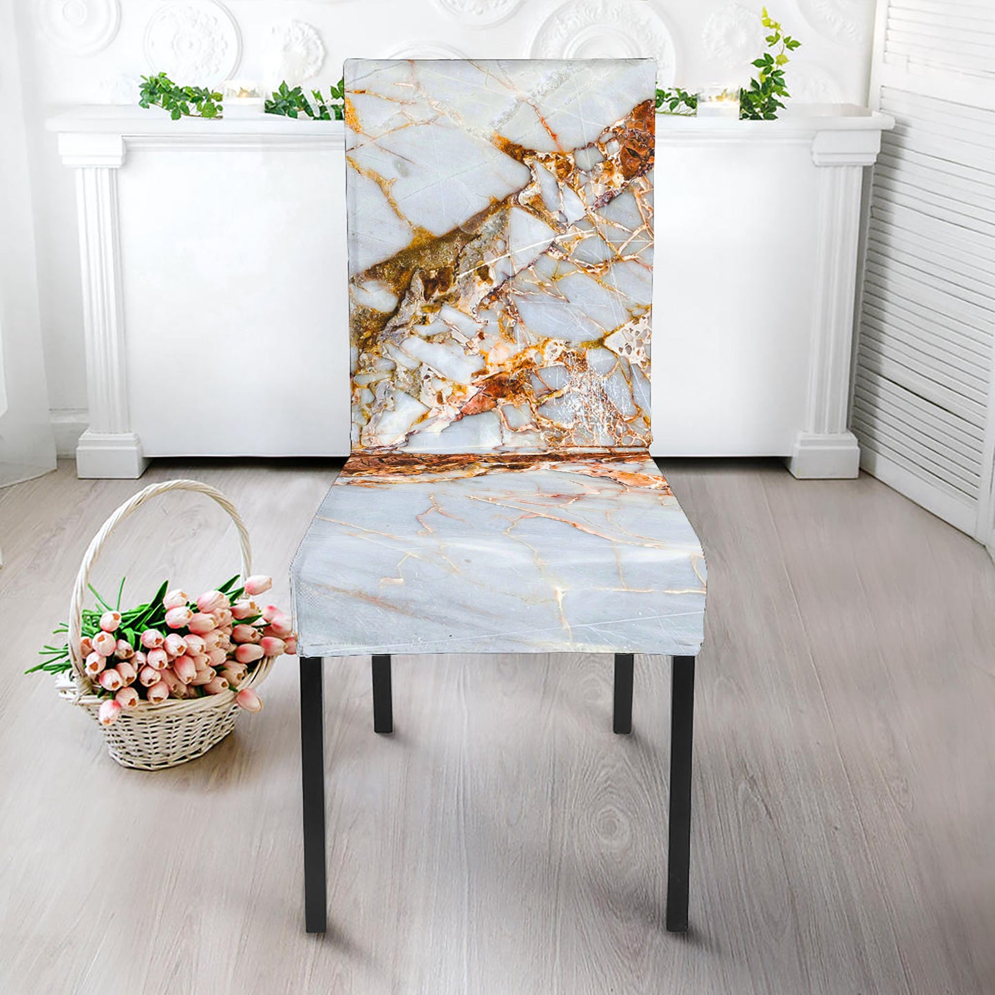 White Gold Grunge Marble Print Dining Chair Slipcover