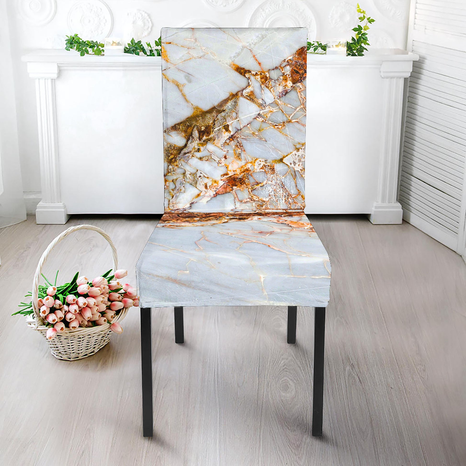 White Gold Grunge Marble Print Dining Chair Slipcover