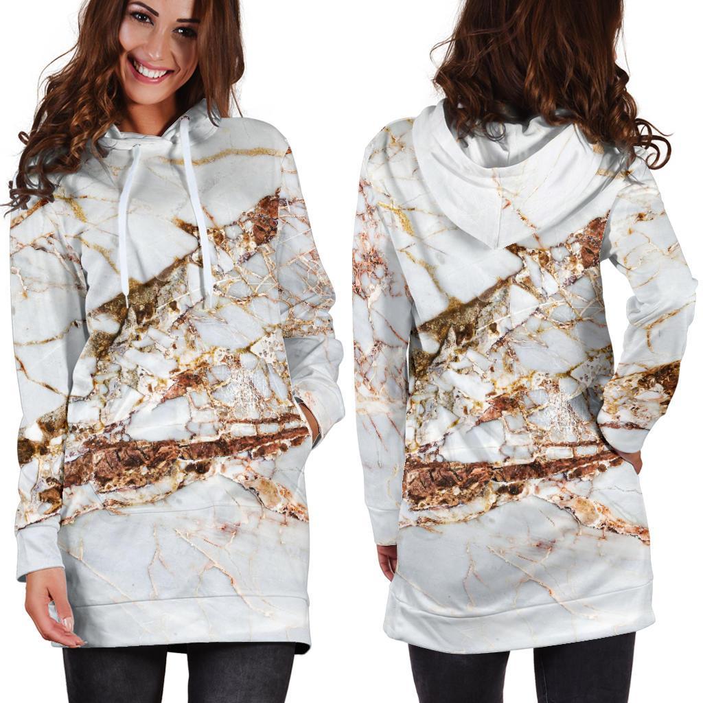 White Gold Grunge Marble Print Hoodie Dress GearFrost