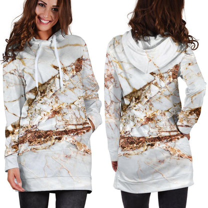 White Gold Grunge Marble Print Hoodie Dress GearFrost