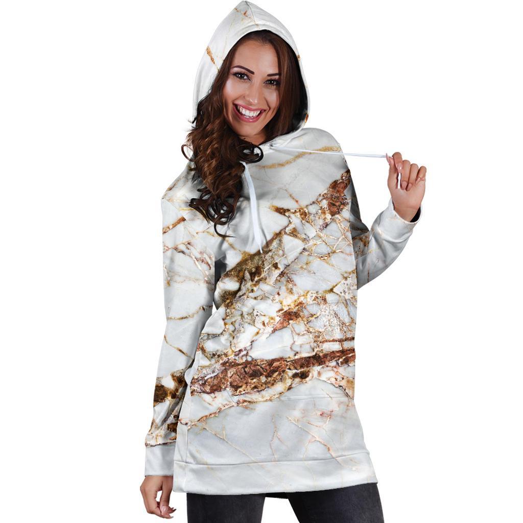 White Gold Grunge Marble Print Hoodie Dress GearFrost