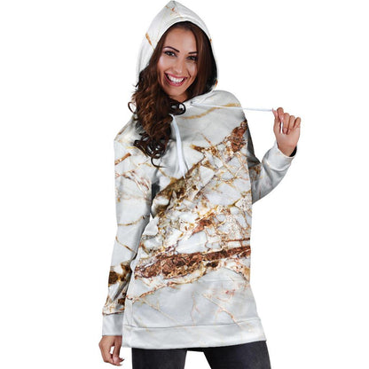 White Gold Grunge Marble Print Hoodie Dress GearFrost