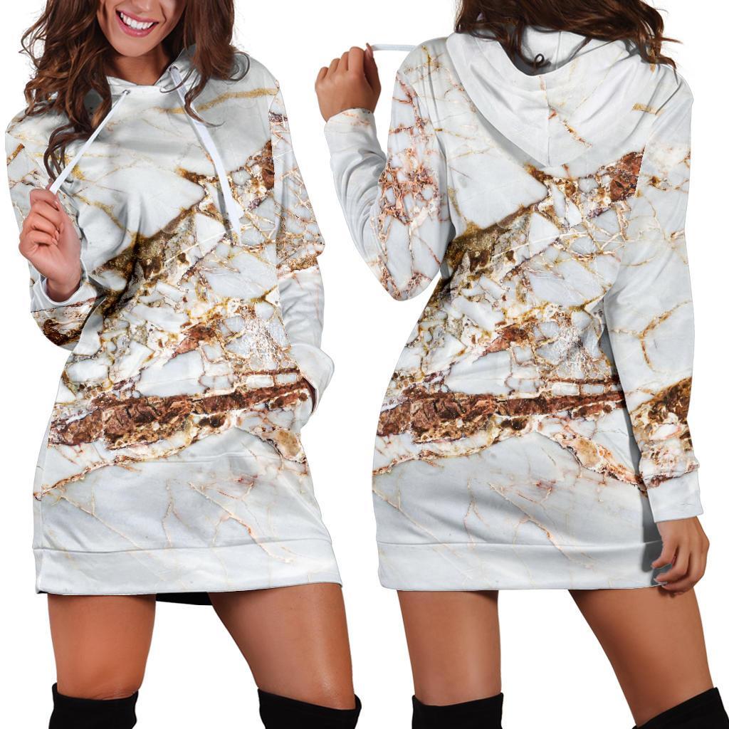 White Gold Grunge Marble Print Hoodie Dress GearFrost