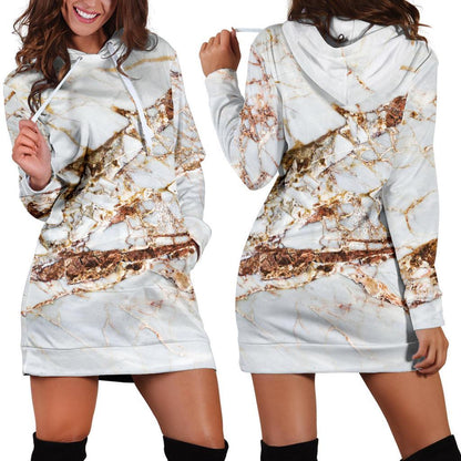 White Gold Grunge Marble Print Hoodie Dress GearFrost