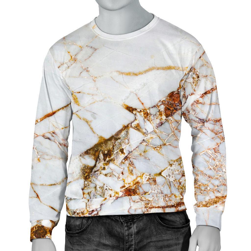 White Gold Grunge Marble Print Men's Crewneck Sweatshirt GearFrost