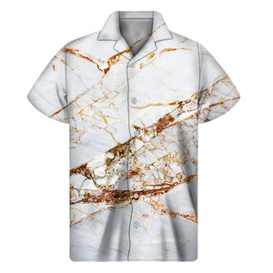 White Gold Grunge Marble Print Men's Short Sleeve Shirt