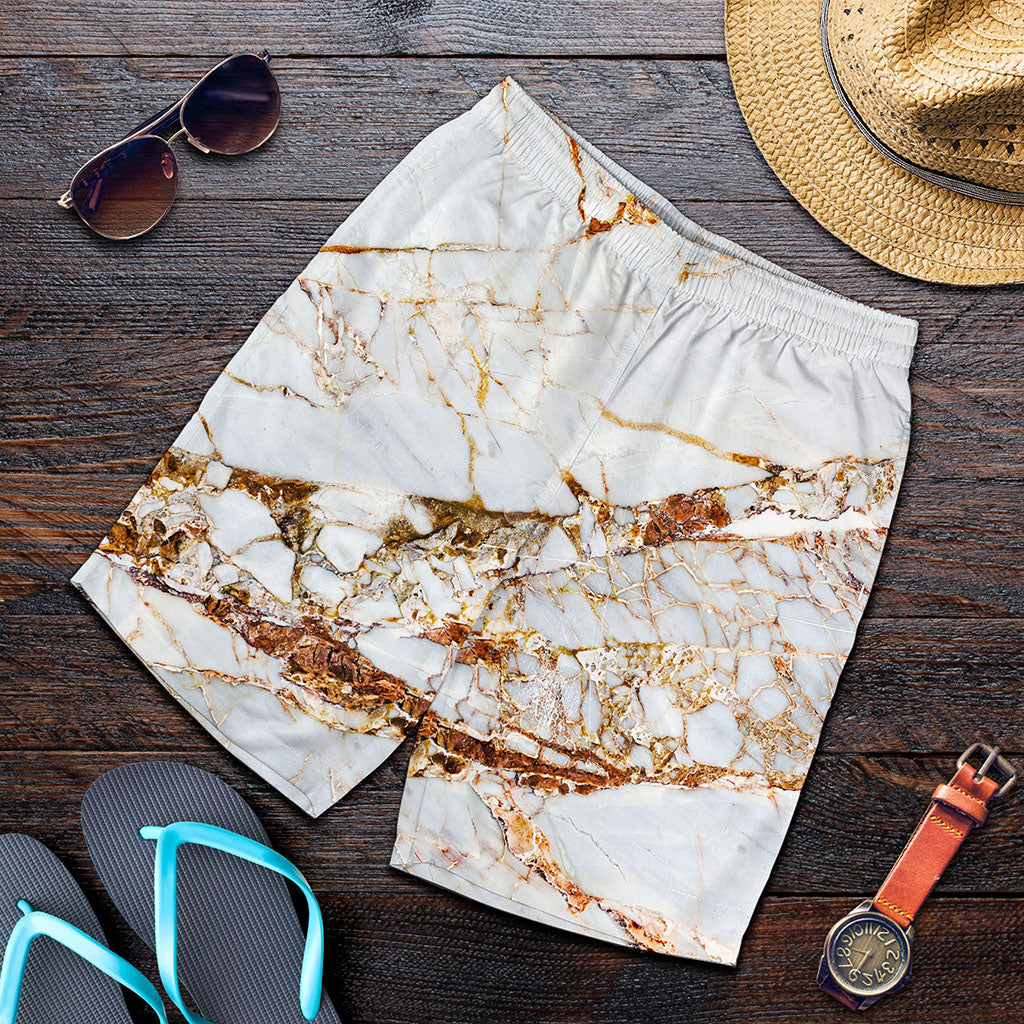 White Gold Grunge Marble Print Men's Shorts