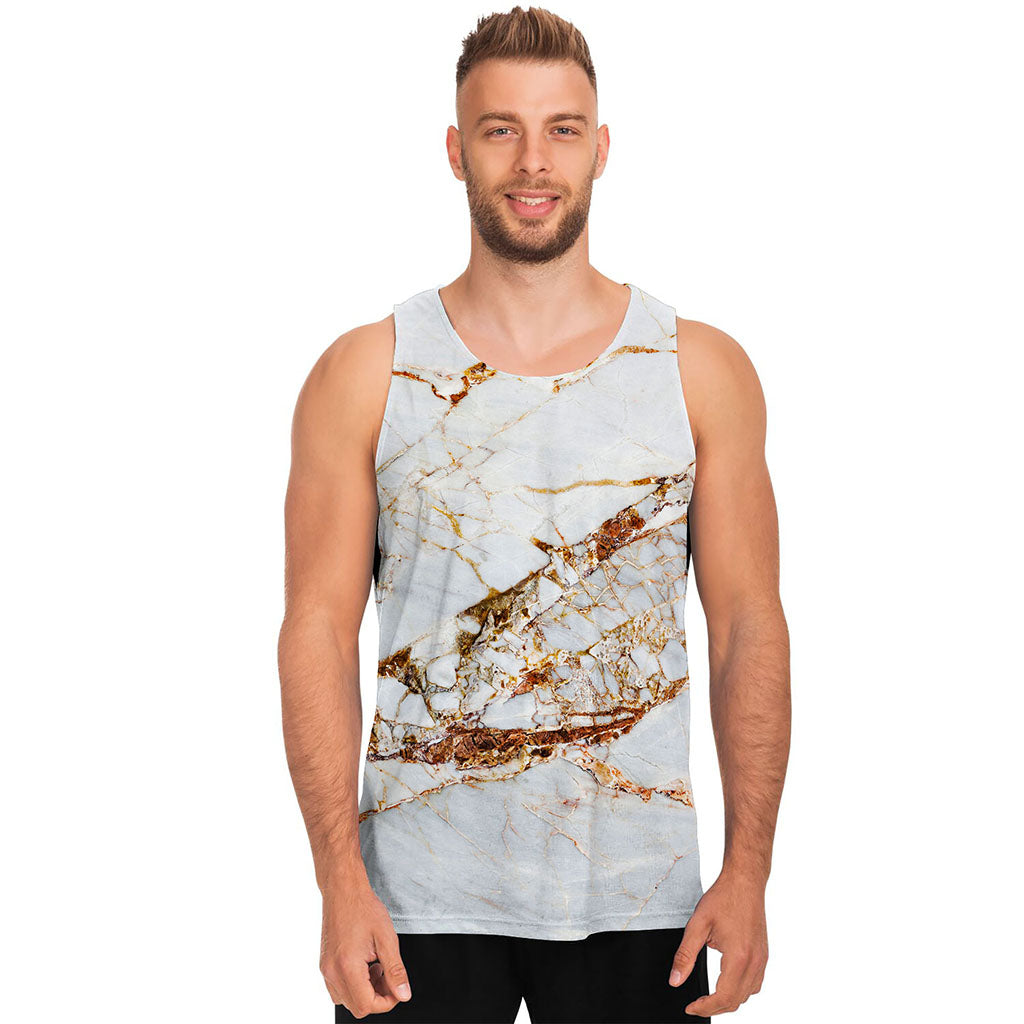 White Gold Grunge Marble Print Men's Tank Top