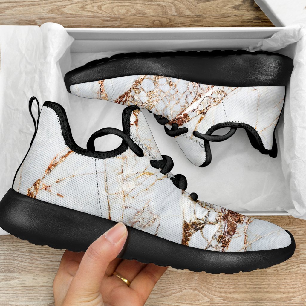 White Gold Grunge Marble Print Mesh Knit Shoes GearFrost
