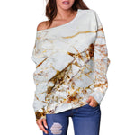 White Gold Grunge Marble Print Off Shoulder Sweatshirt GearFrost