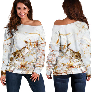 White Gold Grunge Marble Print Off Shoulder Sweatshirt GearFrost