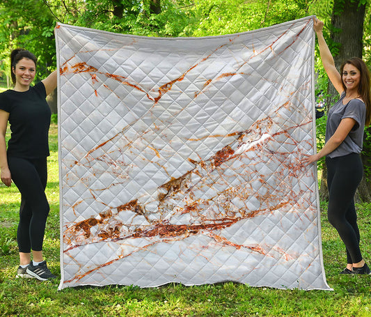White Gold Grunge Marble Print Quilt