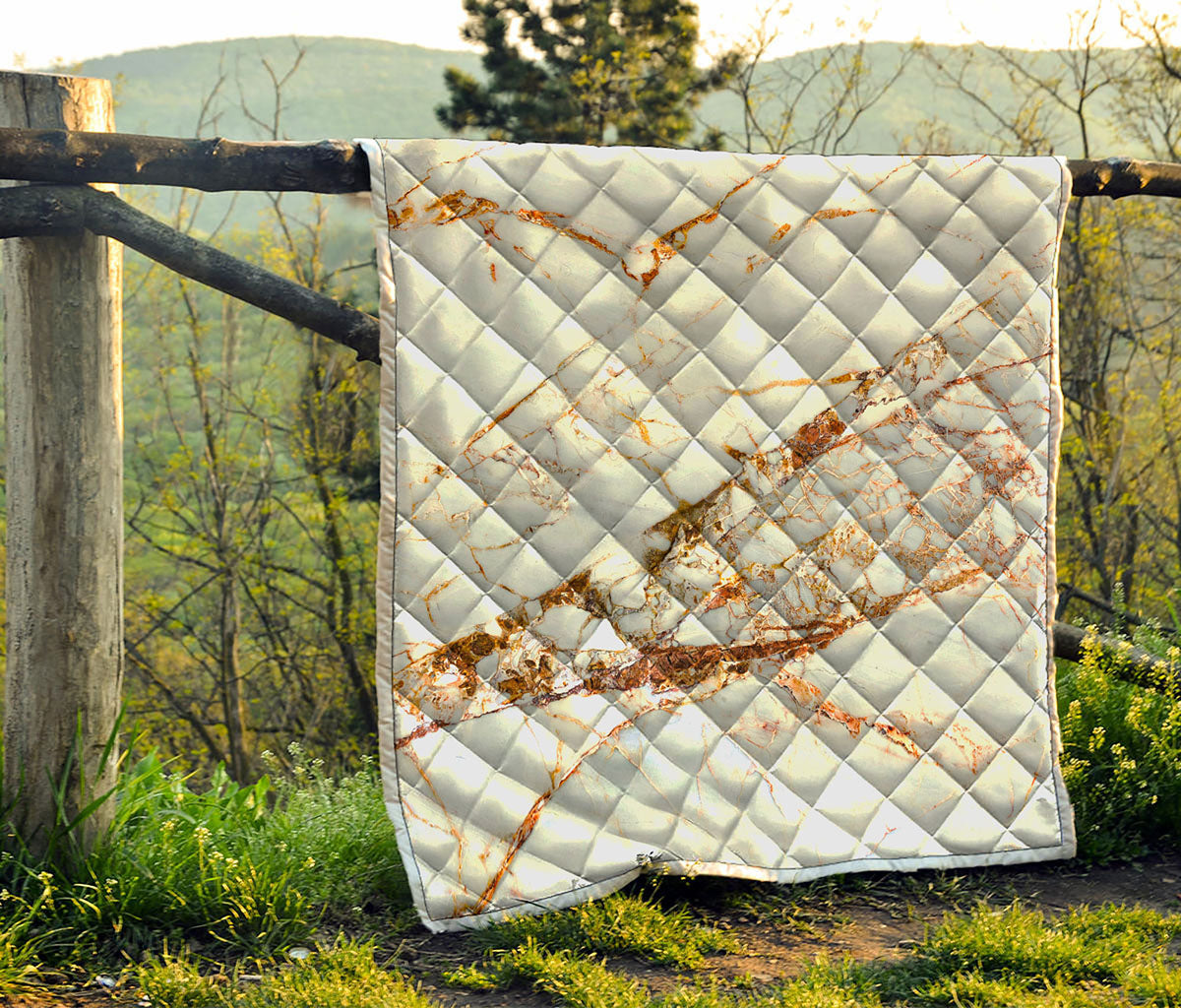 White Gold Grunge Marble Print Quilt
