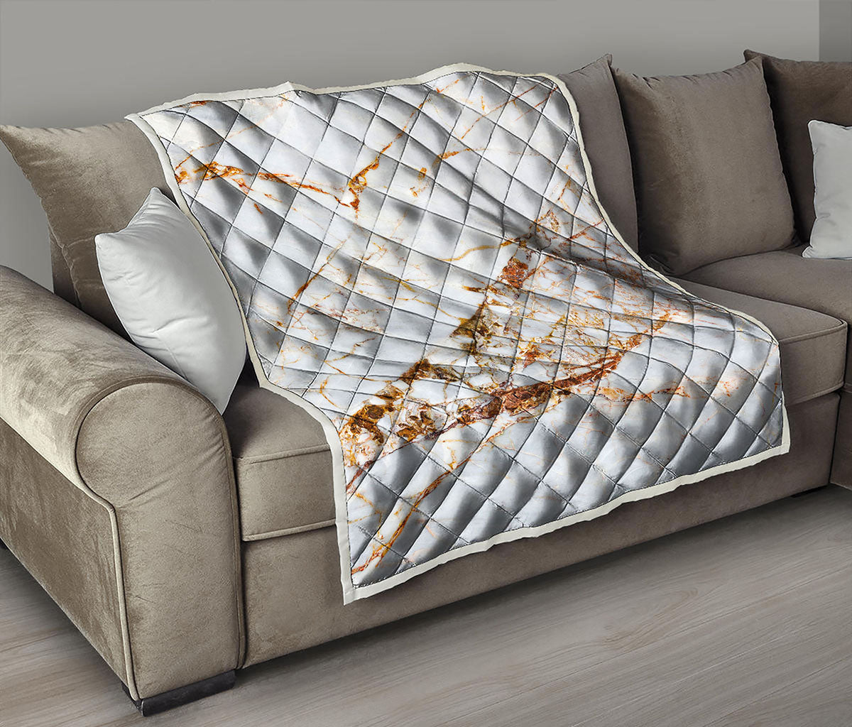 White Gold Grunge Marble Print Quilt