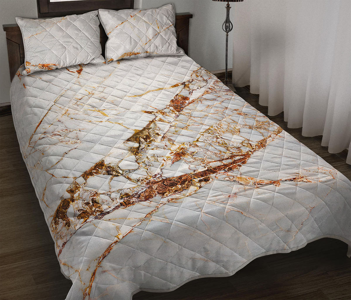 White Gold Grunge Marble Print Quilt Bed Set