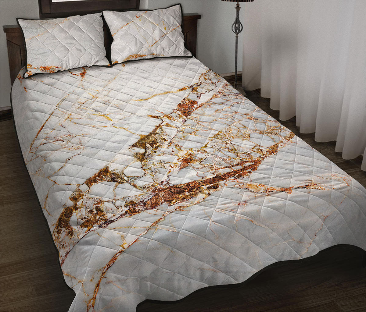 White Gold Grunge Marble Print Quilt Bed Set
