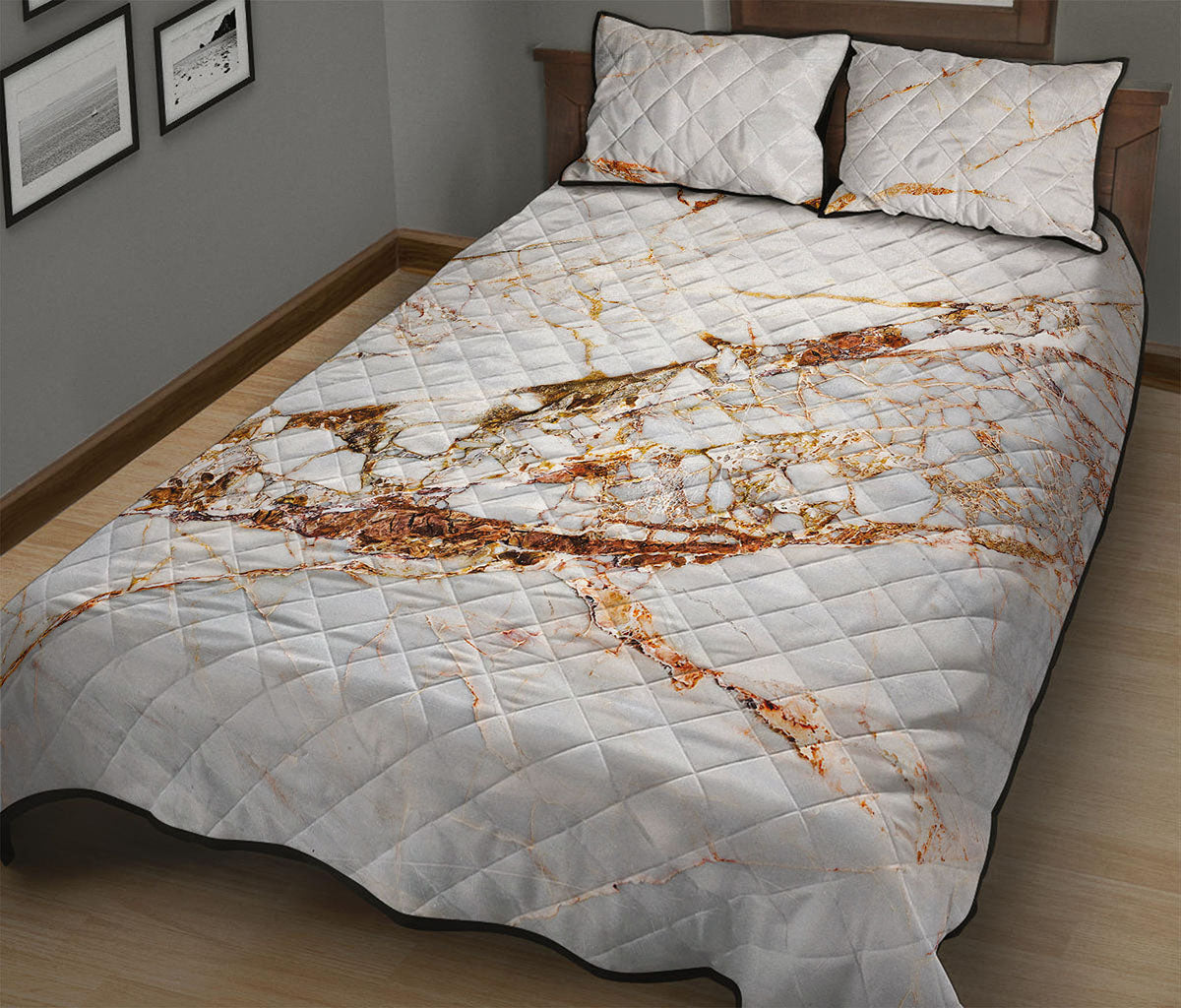 White Gold Grunge Marble Print Quilt Bed Set