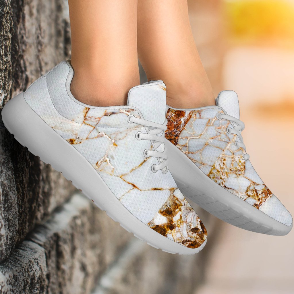 White Gold Grunge Marble Print Sport Shoes GearFrost