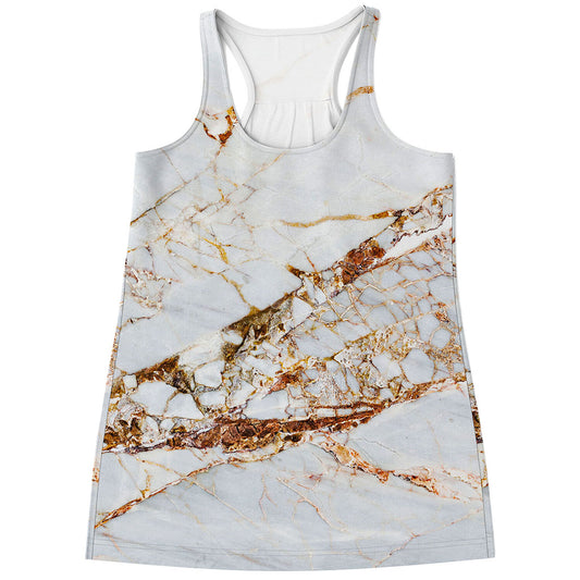 White Gold Grunge Marble Print Women's Racerback Tank Top