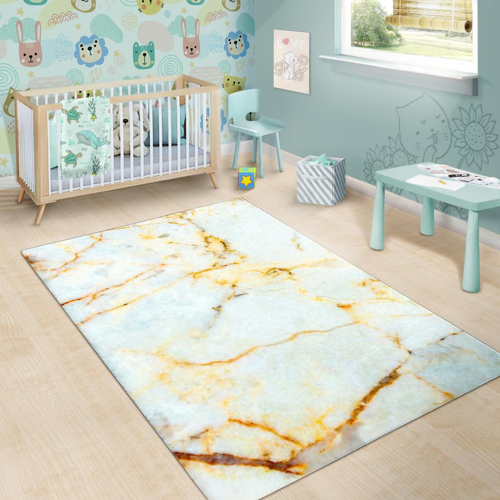 White Gold Marble Print Area Rug GearFrost