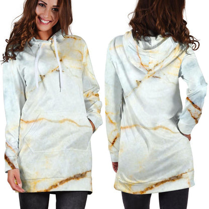 White Gold Marble Print Hoodie Dress GearFrost
