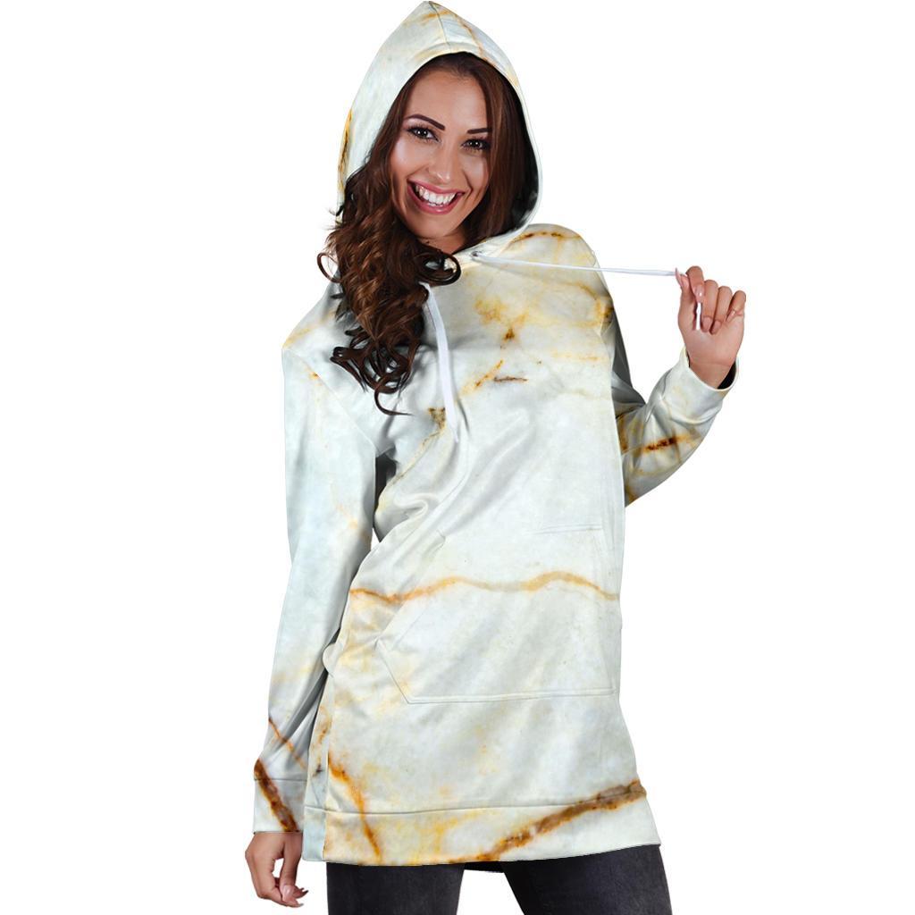 White Gold Marble Print Hoodie Dress GearFrost