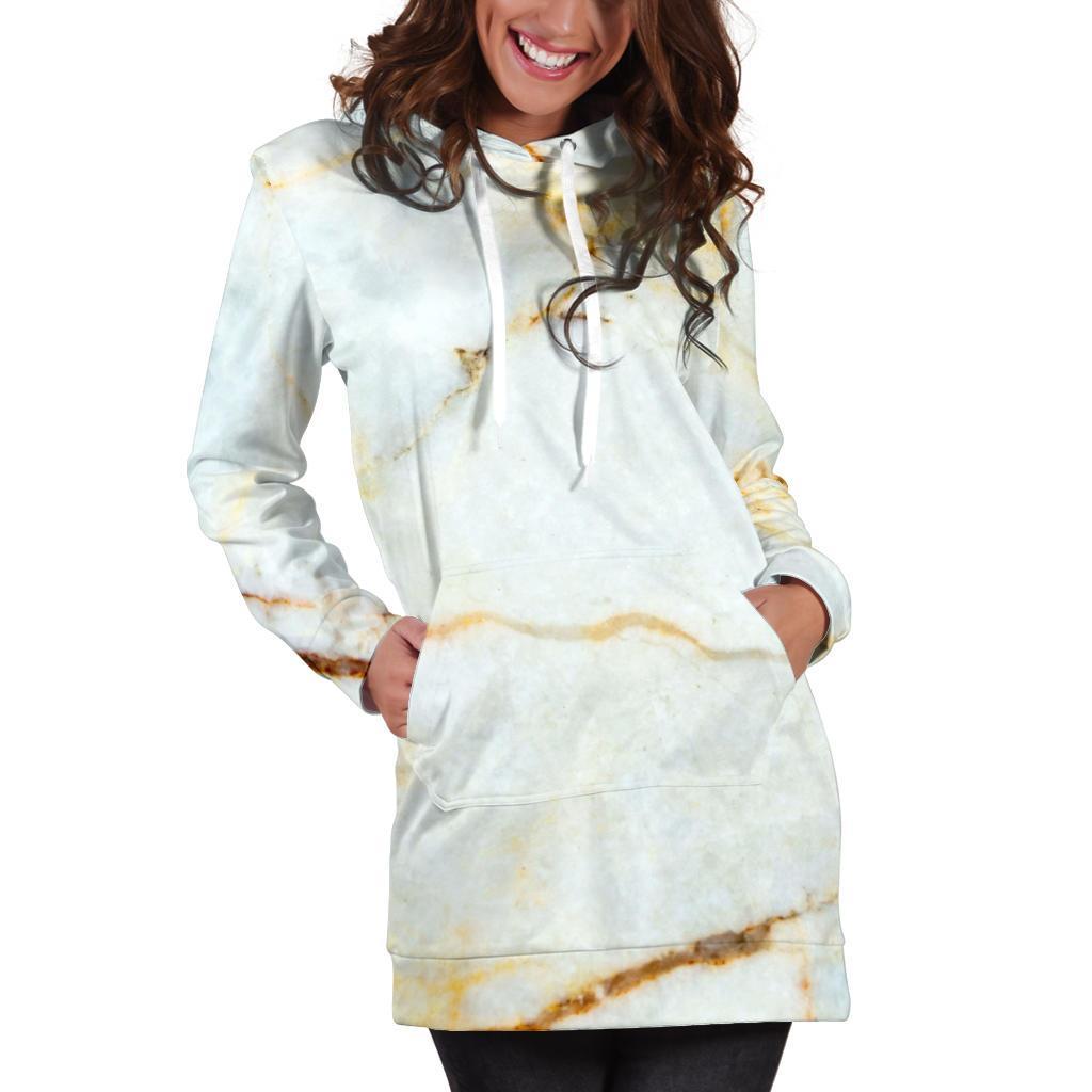 White Gold Marble Print Hoodie Dress GearFrost
