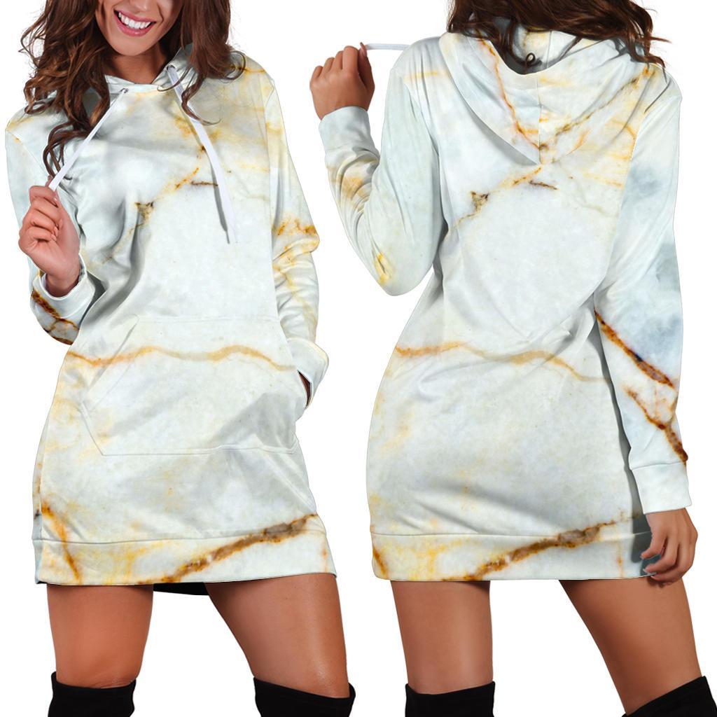 White Gold Marble Print Hoodie Dress GearFrost