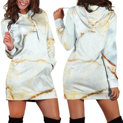 White Gold Marble Print Hoodie Dress GearFrost