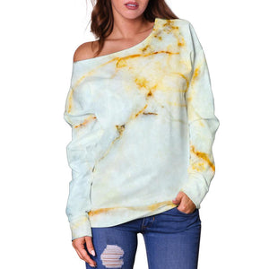 White Gold Marble Print Off Shoulder Sweatshirt GearFrost