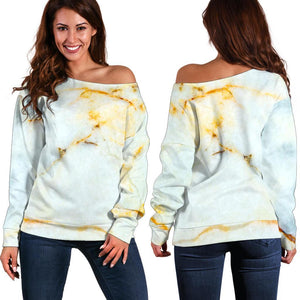 White Gold Marble Print Off Shoulder Sweatshirt GearFrost