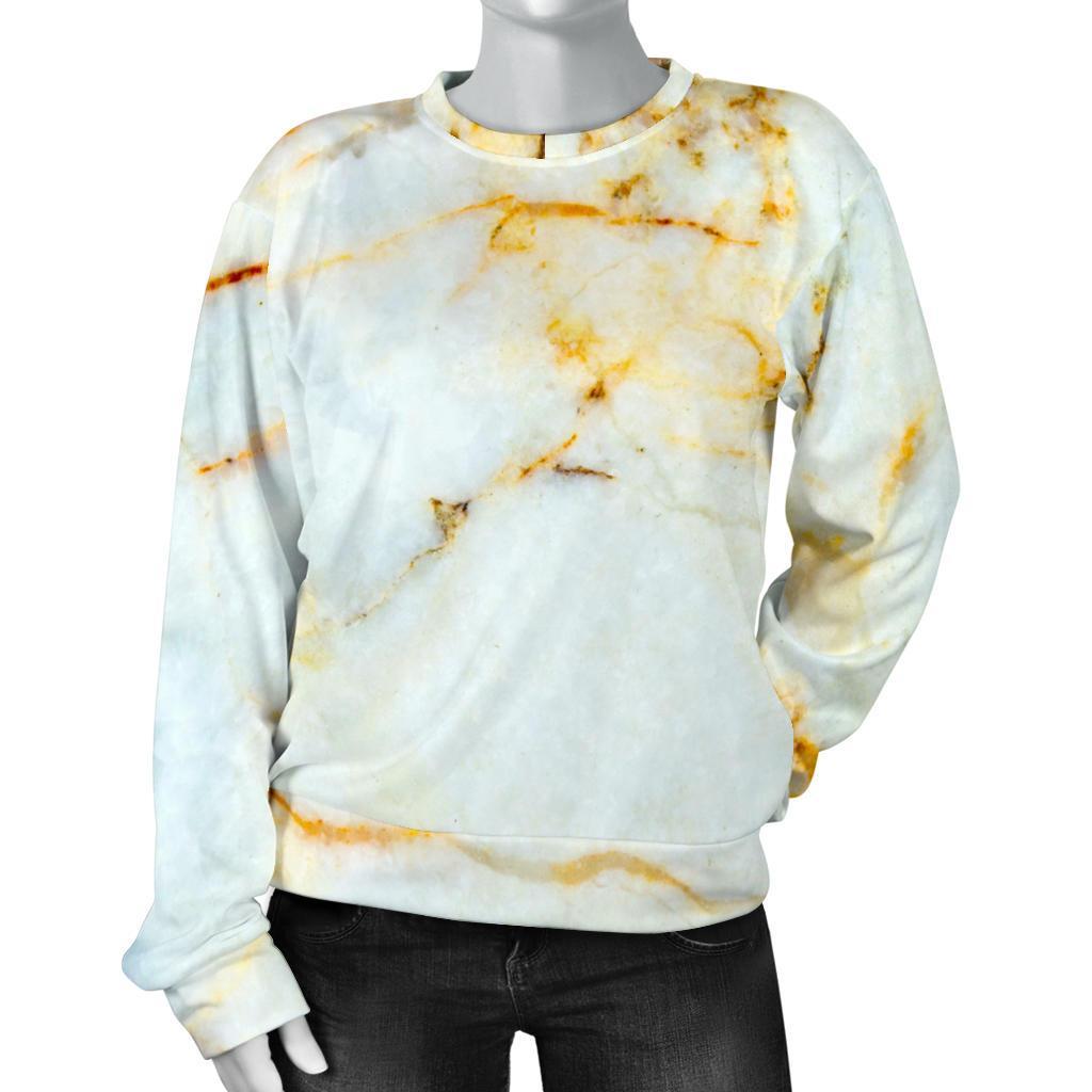 White Gold Marble Print Women's Crewneck Sweatshirt GearFrost