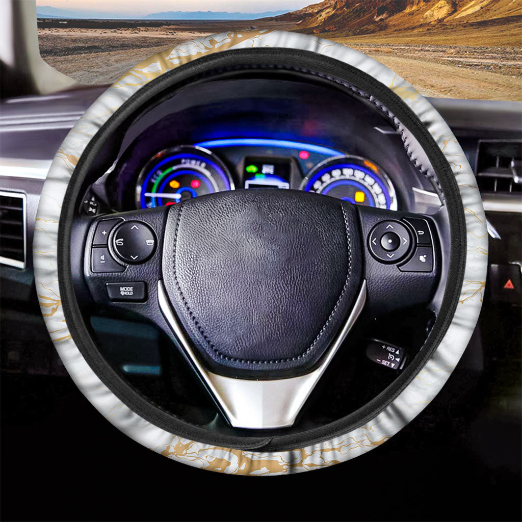 White Gold Scratch Marble Print Car Steering Wheel Cover
