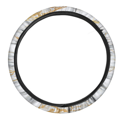 White Gold Scratch Marble Print Car Steering Wheel Cover
