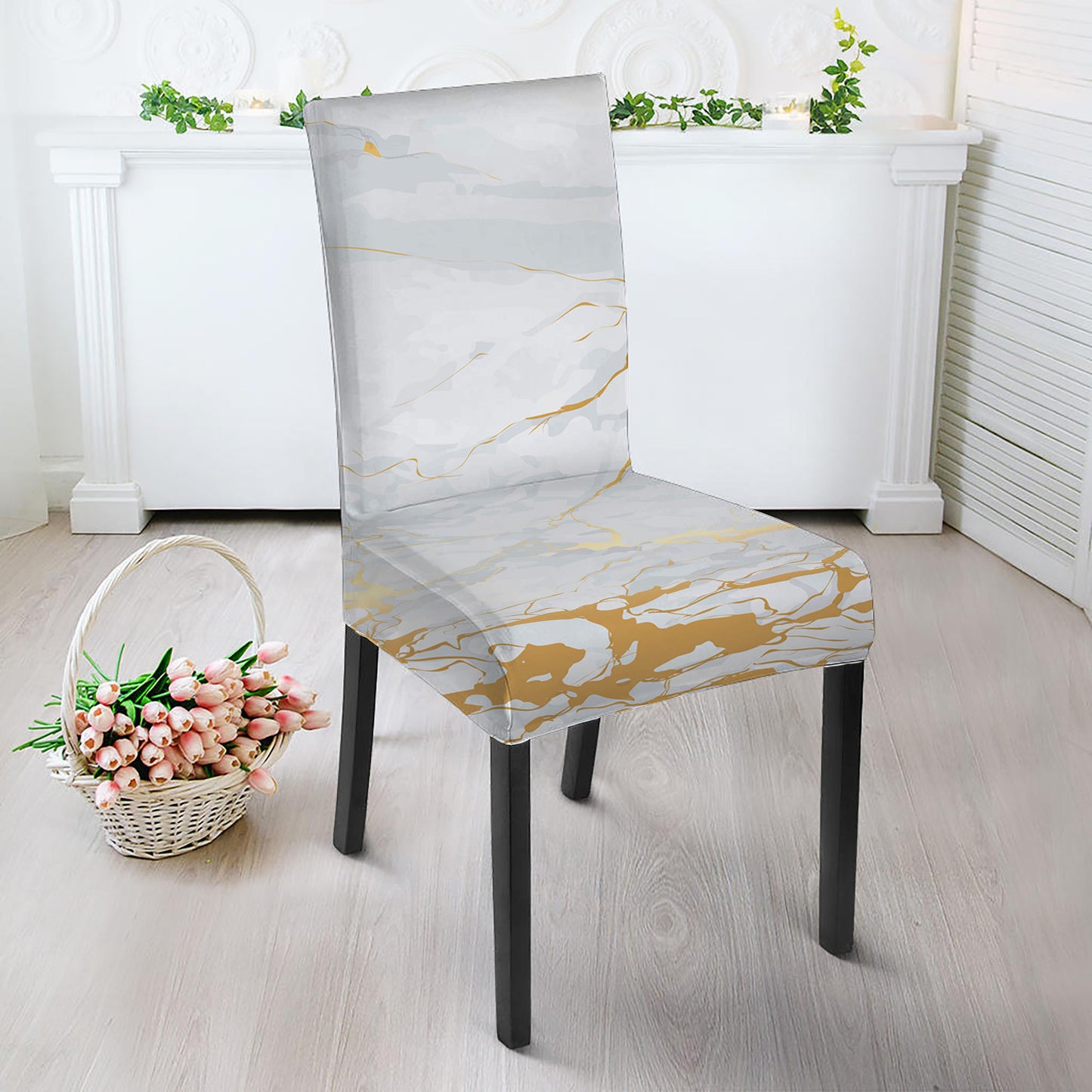 White Gold Scratch Marble Print Dining Chair Slipcover