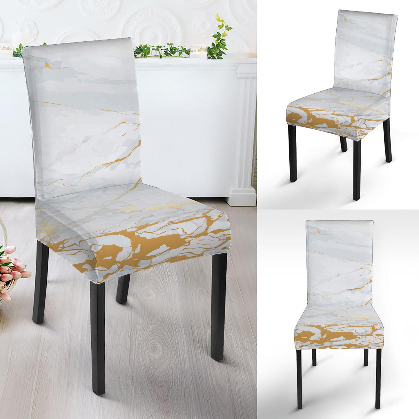 White Gold Scratch Marble Print Dining Chair Slipcover