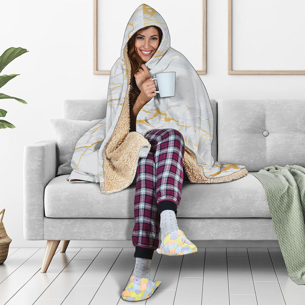 White Gold Scratch Marble Print Hooded Blanket