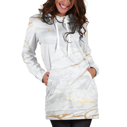 White Gold Scratch Marble Print Hoodie Dress GearFrost