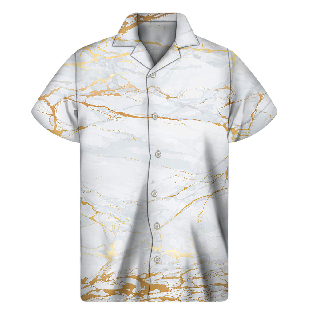 White Gold Scratch Marble Print Men's Short Sleeve Shirt