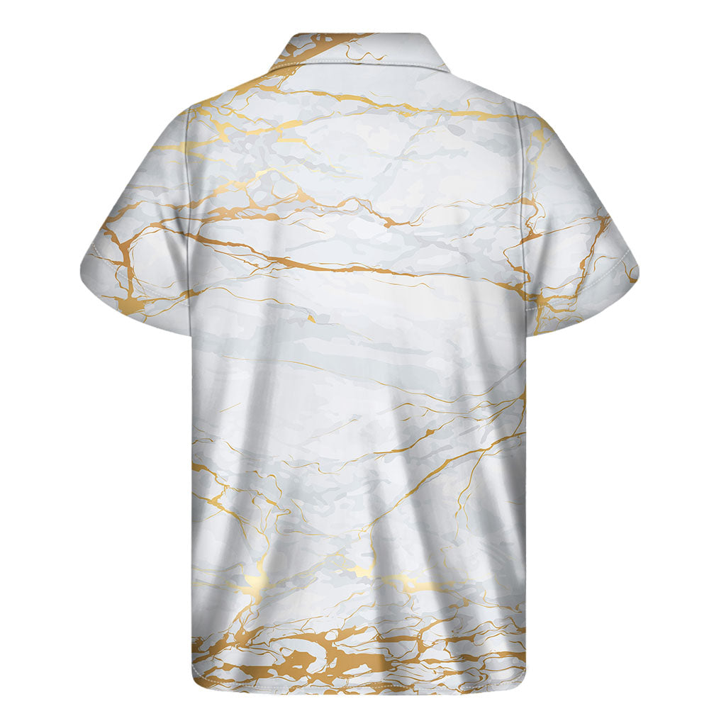 White Gold Scratch Marble Print Men's Short Sleeve Shirt