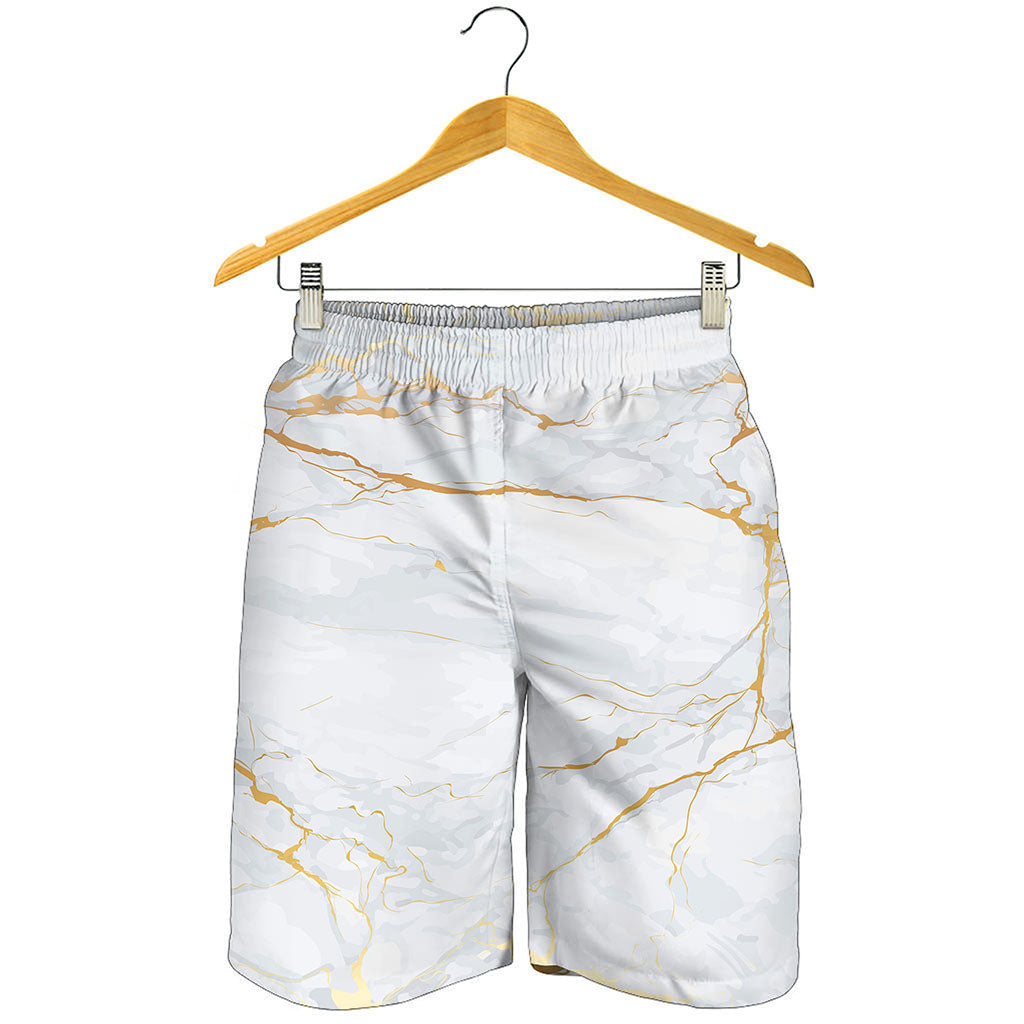 White Gold Scratch Marble Print Men's Shorts