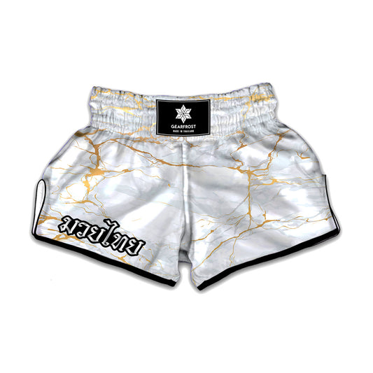 White Gold Scratch Marble Print Muay Thai Boxing Shorts