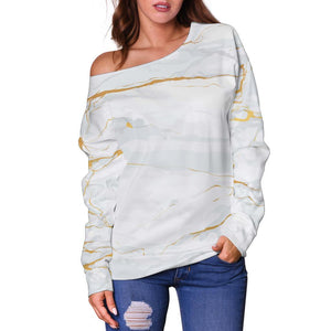 White Gold Scratch Marble Print Off Shoulder Sweatshirt GearFrost