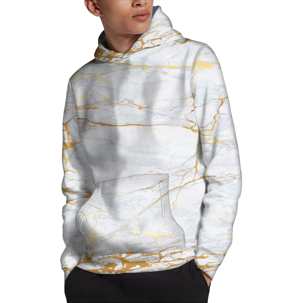 White Gold Scratch Marble Print Pullover Hoodie