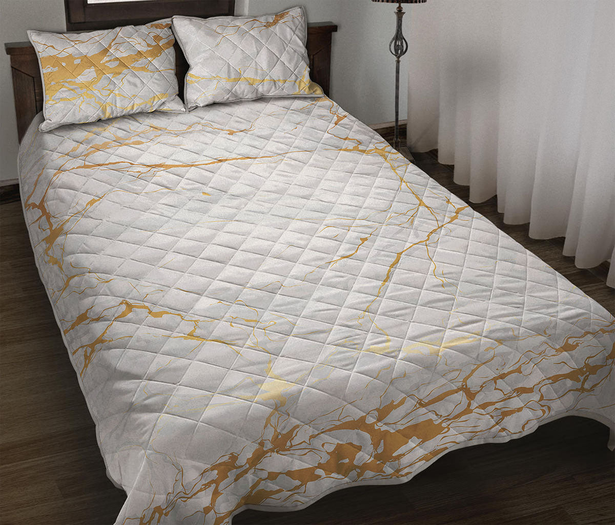 White Gold Scratch Marble Print Quilt Bed Set