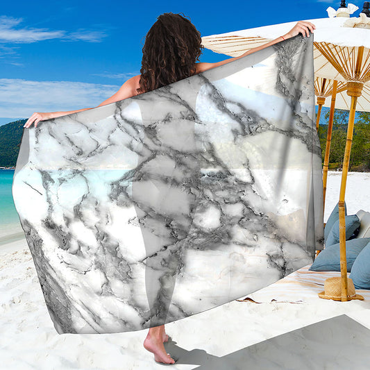 White Gray Marble Print Beach Sarong Wrap