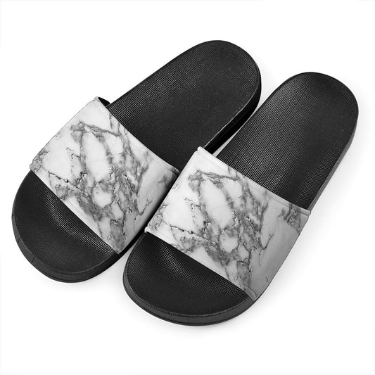 White Gray Marble Print Black Slide Sandals