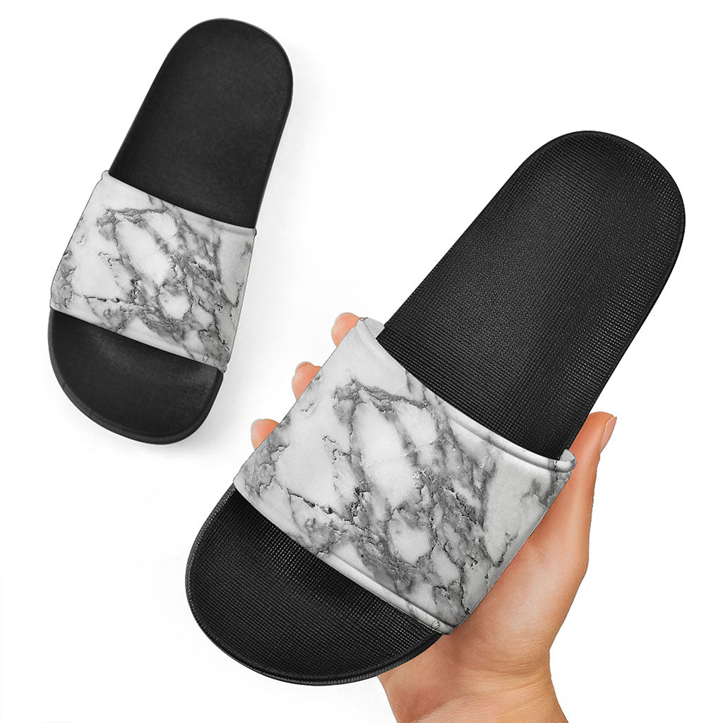 White Gray Marble Print Black Slide Sandals
